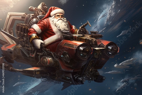 Santa Claus piloting a futuristic spaceship filled with gifts.