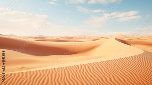 A vast desert  with sand dunes stretching to the horizon