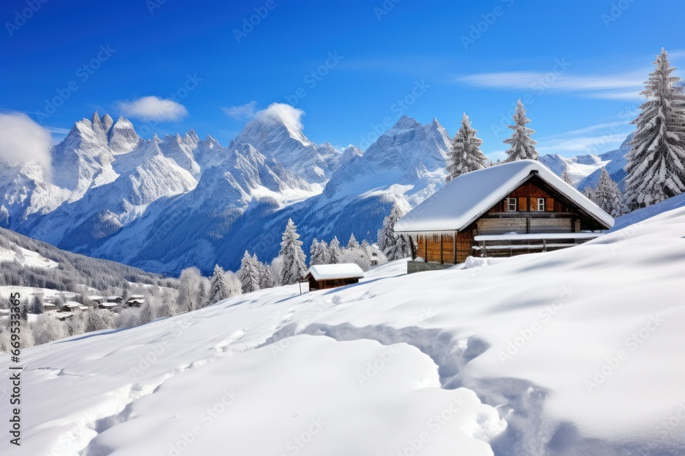 Snow-covered mountain landscape with a distant chalet.