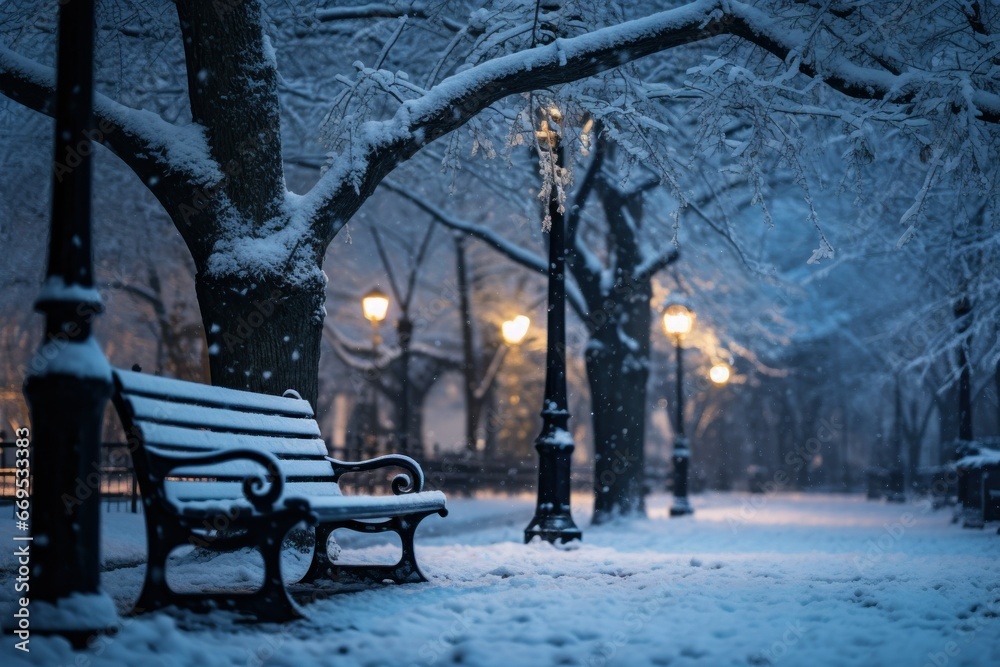 Snow-covered park bench in a city park.