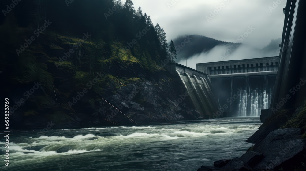 Hydroelectric power dam on a river and dark forest in beautiful mountains - obrazy, fototapety, plakaty 