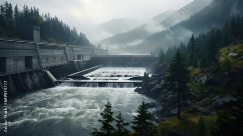Hydroelectric power dam on a river and dark forest in beautiful mountains © Terablete