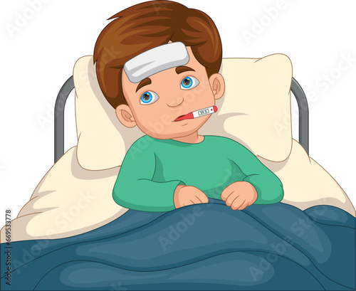 cartoon sick boy with high temperature