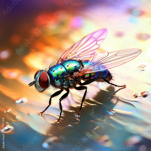 Image of a fly in iridescent shimmering colors on a blurred background with bokeh. © Vitaly Art