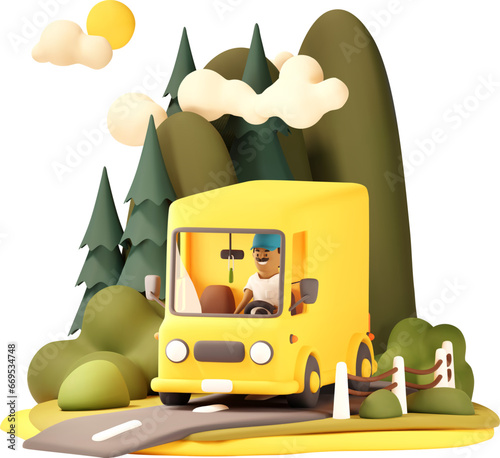Vector Courier Delivering goods in Yellow Van. Shopping Delivery, Mail Service and Warehousing Illustration