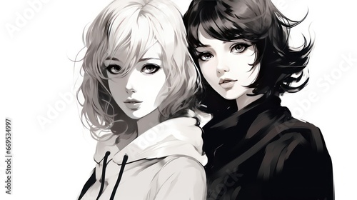 Girls in anime style in black and white