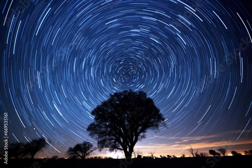 Time-lapse photography of star trails in the night sky.