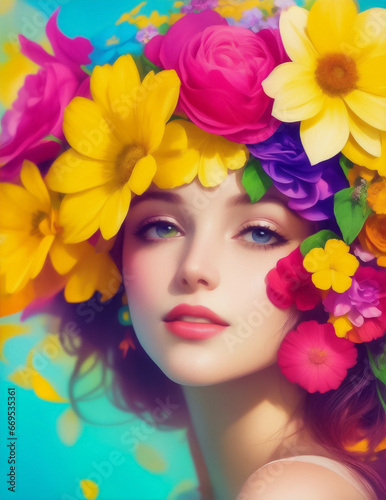 Beautiful young woman with face framed with flowers