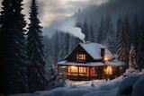 Winter cabin with smoke rising from the chimney.