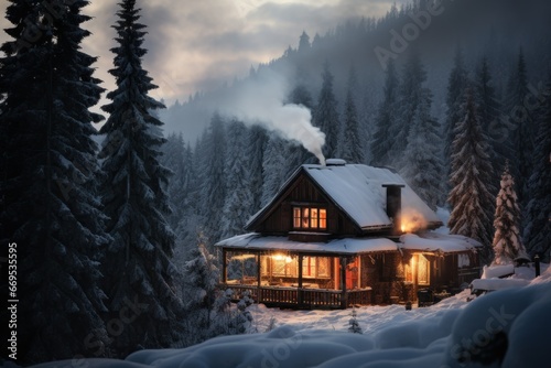 Winter cabin with smoke rising from the chimney.