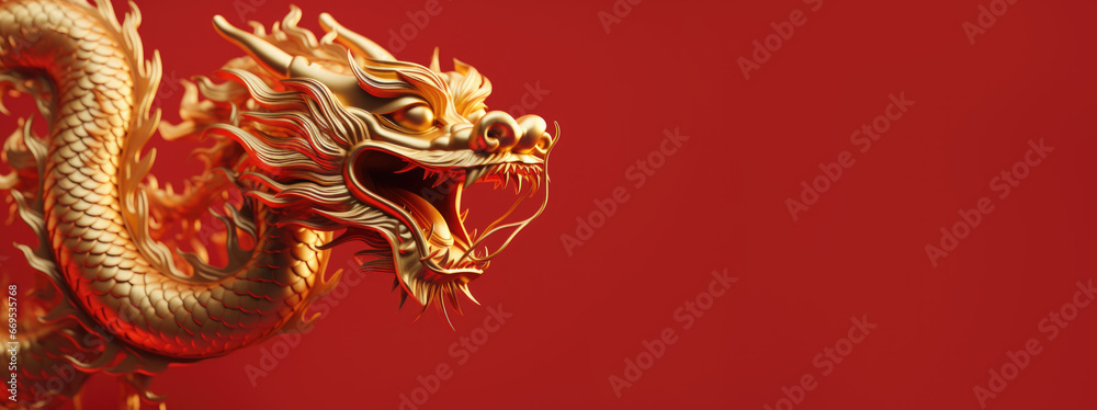golden chinese dragon on red color background, generative ai - obrazy, fototapety, plakaty 