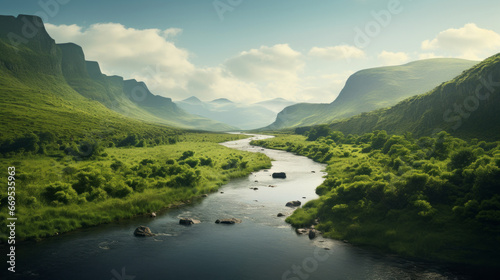 A tranquil river winds its way through a lush green valley, its calm waters reflecting the surrounding landscape