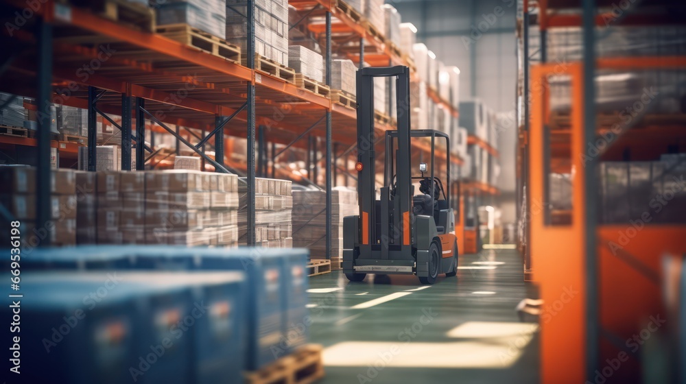 Retail warehouse full of shelves with goods in cartons, with pallets and forklifts. Logistics and transportation blurred background. Product distribution
