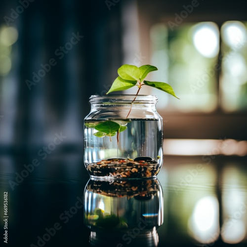 A delicate plant sprouts from a jar filled with water and pebbles, illuminated by gentle sunligh
