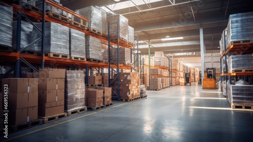 Retail warehouse full of shelves with goods in cartons, with pallets and forklifts. Logistics and transportation blurred background. Product distribution