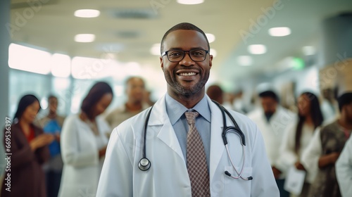 African American doctor against the backdrop of colleagues