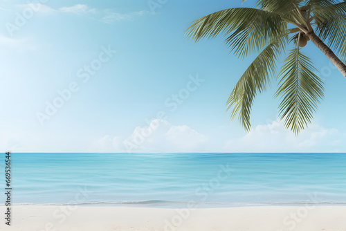 tropical beach view at sunny day with white sand  turquoise water and palm tree. Neural network generated image. Not based on any actual scene or pattern.