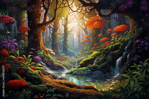 Colorful and dynamic artwork depicting a lush forest scene. Generative AI