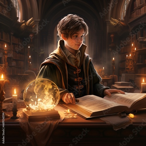 Young wizard standing front table photography image AI generated art