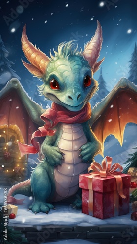 Cute friendly smiling  Christmas dragon with gifts against the backdrop of a winter landscape in pastel colors, New Year's watercolor illustration, AI generated © barinovalena