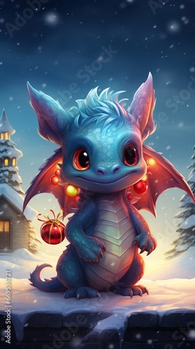 Cute friendly smiling Christmas dragon with gifts against the backdrop of a winter landscape in pastel colors, New Year's watercolor illustration, AI generated