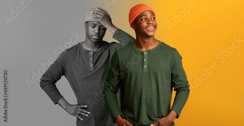 Photos Cheerful, sad, tired millennial black man suffer from depression, stress and mis