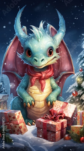 Cute friendly smiling Christmas dragon with gifts against the backdrop of a winter landscape in pastel colors, New Year's watercolor illustration, AI generated