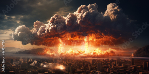 A nuclear bomb exploding in a city. The end of the world, military action against humans photo