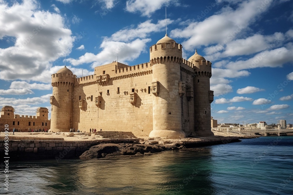 a view of the historic Qaitbay Citadel in Alexandria, Egypt. Generative AI