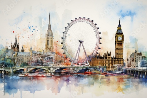 Colorful artwork showcasing London s skyline  renowned buildings  and famous landmarks. Generative AI