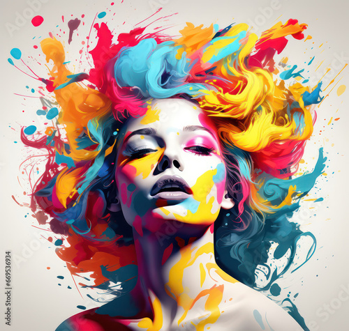 Vibrant Color Splash Portrait of a Woman - Artistic Illustration © pkproject