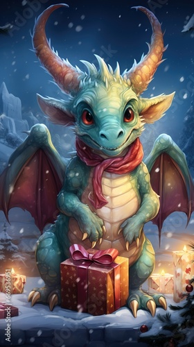 Cute friendly smiling  Christmas dragon with gifts against the backdrop of a winter landscape in pastel colors, New Year's watercolor illustration, AI generated © barinovalena