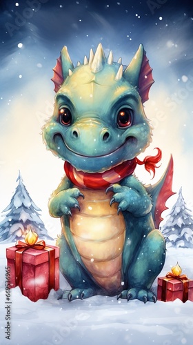 Cute friendly smiling Christmas dragon with gifts against the backdrop of a winter landscape in pastel colors, New Year's watercolor illustration, AI generated