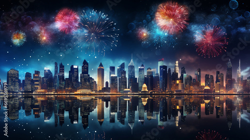 City background with skyscrapers and fireworks, celebrating new years eve © Artofinnovation