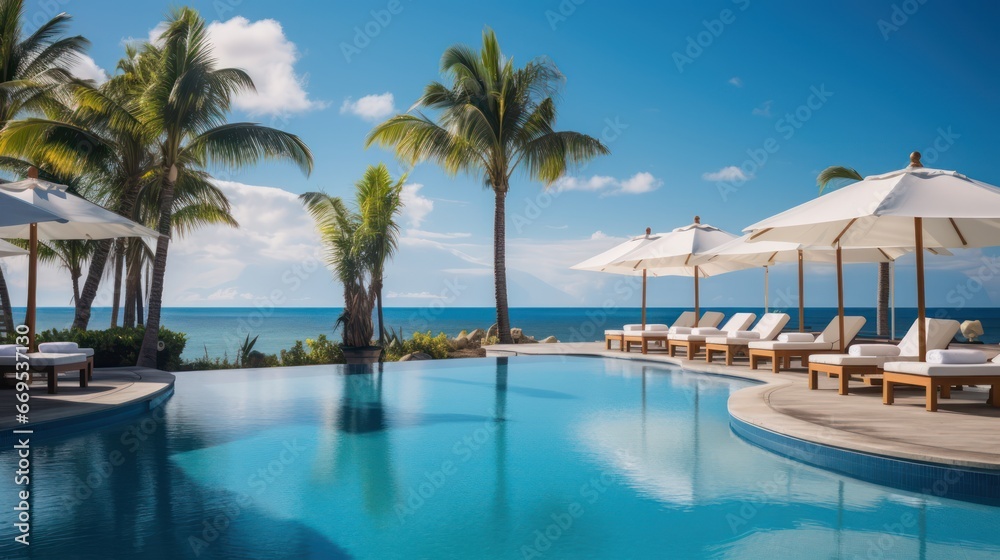 beautiful views of the resort with blue clear sky, swimming pool and palm trees - obrazy, fototapety, plakaty 