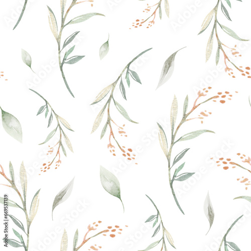 Floral seamless pattern with blossom flowers and green branches  watercolor illustration on white background  print for textile or wallpapers in provence style