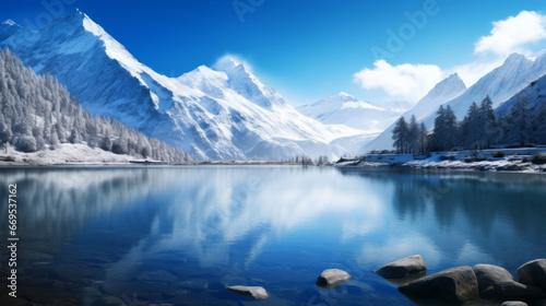 A tranquil mountain lake nestled between two snow-capped peaks, reflecting the azure sky above The water is still and serene © Textures & Patterns