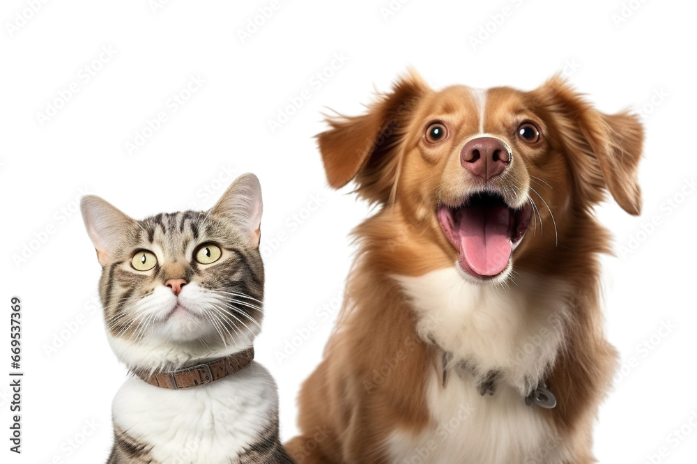 Portrait of tabby cat and golden retriever dog together on transparent background