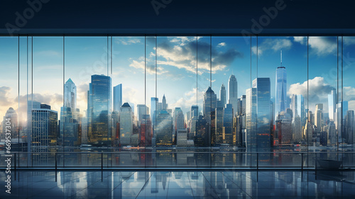 Panoramic skyline and business buildings in big city with many glass windows,