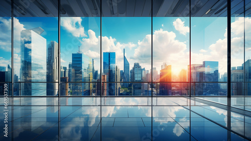 Panoramic skyline and business buildings in big city with many glass windows 