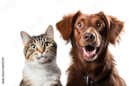 Portrait of a dog and a cat looking at the camera in front of a white background