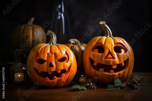 Halloween pumpkins decorated with a festive spirit. Generative AI