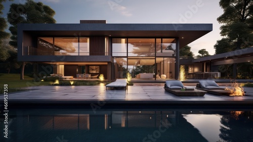 modern dark villa with open plan living and private chair wing with small terrace for relaxation © Terablete