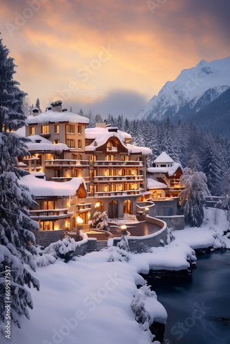 Luxury winter hotel or resort, concept of travel and tourism, snow and freezing cold