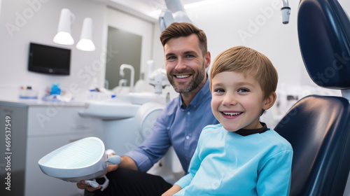 Smiling dentist and a small child at a dental clinic appointment