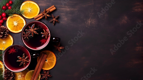 Christmas traditional warm drink, mulled wine, with oranges, spices and cinnamon, top view, flat lay, copy space