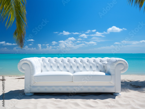 A white leather sofa is placed on the beach sand in a tropical climate. The weather is clear with a blue sky. © Aisyaqilumar