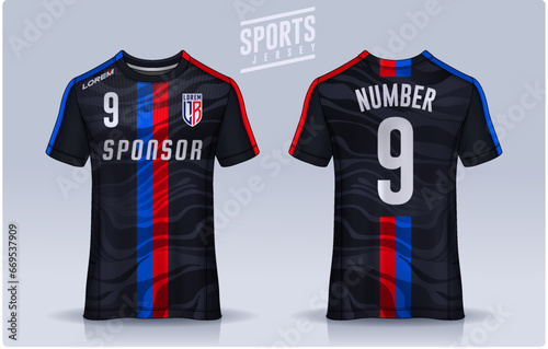 t-shirt sport design template, Soccer jersey mockup for football club. uniform front and back view.	 photo