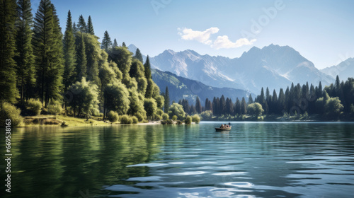A tranquil lake surrounded by tall evergreen trees and a few snow-capped peaks in the background