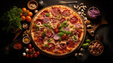 Delicious pizza with different ingredients on wooden table, top view